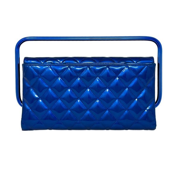 CHANEL 2014 Runway Electric Blue Patent Leather Quilted Bag Metal Handle Rectang - Picture 3 of 13